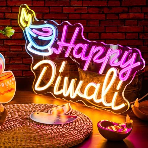 Glooglitter Diwali Oil Lamp Neon Sign LED Light Wall Decor, Happy Diwali by Glooglitter