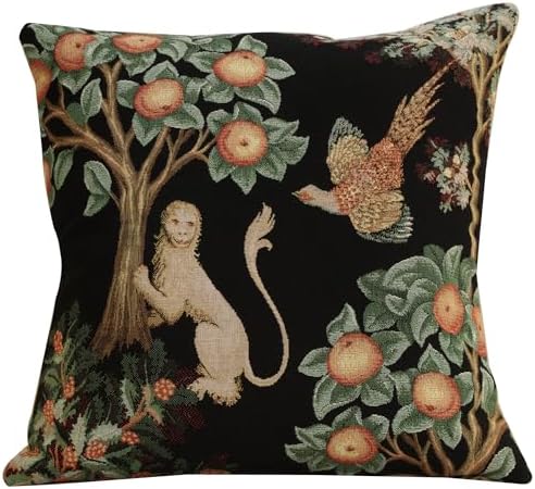 Medieval Lion & Pheasant Forest Black Tapestry Throw Pillow Cover 19 x 19in by CCharlotteHomeFurnishings