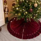 Wine Red Velvet Christmas Tree Skirt, 60 Inch Christmas Tree Skirt with Ruffled Edge and Pearl Trim - Image 6