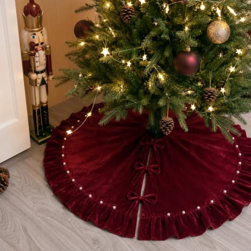 Wine Red Velvet Christmas Tree Skirt, 60 Inch Christmas Tree Skirt with Ruffled Edge and Pearl Trim - Image 6