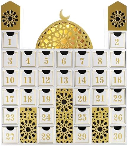 gisgfim Ramadan Wooden Countdown Calendar Eid Mubarak Decorations Mosque Advent Calendar with Drawers Eid Mubarak Countdown Til Eid Gift Ramadan Wooden Craftwork for Kids Ramadan Party Decorations by gisgfim