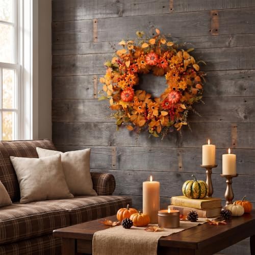 Artificial Fall Wreath 22 Inch Fall Wreaths for Front Door with Orange Pumpkins Berries Daisies Eucalyptus Leaves Autumn Door Wreaths for Thanksgiving Harvest Festival Wall Porch Farmhouse - Image 6