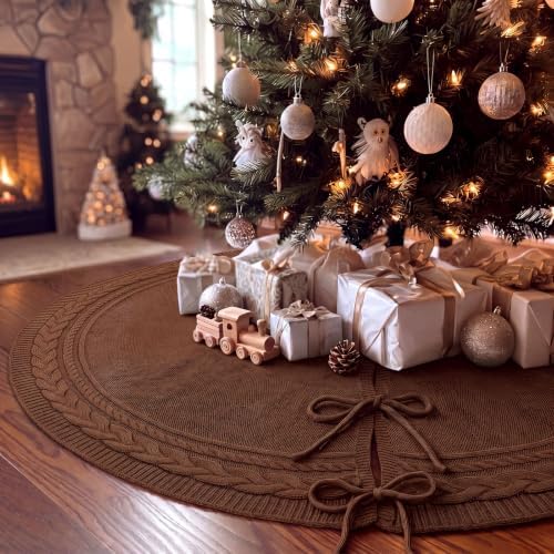 Hollowfly 48 Inch Brown Christmas Tree Skirt for 7.5ft Tree Cable Knitted - Image 4