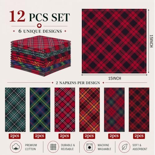 Mixweer 24 Pack Christmas Cloth Napkins Bulk, 15 x 15 Inch Square - Image 2