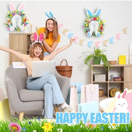 Zeyune 2 Pcs 18.1"x 11.4" Easter Bunny Wreath with Colorful Eggs Artificial Easter Wreath Mixed Flowers Green Leaves Hanging Bunny Shaped with Straw Hat and Bow for Front Door Wall(Bunny Tail) - Image 5