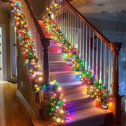 TW SHINE 30 FT Pre-Lit Christmas Garland Decorations, 100 LED Lighted Artificial Pine Garlands with 8 Modes, Green Garland for Indoor Outdoor Door Home Stairs Holiday Decor, Multi-Colored - Image 4