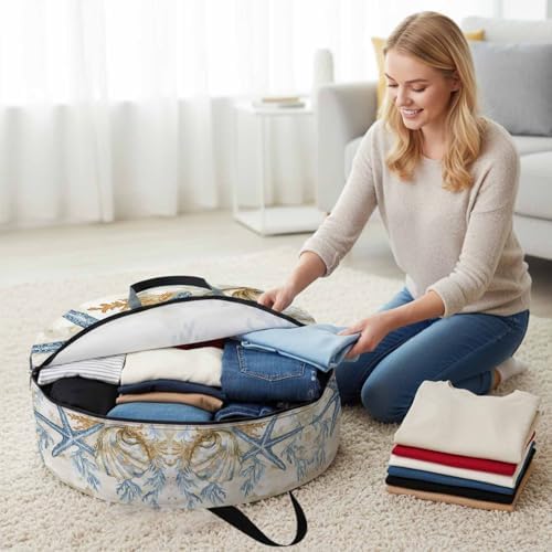 Ocean Life Round Storage Bag 36 Inch, Marine Coral Algae Shell Starfish Oil Painting Clothes Storage Container with Handles Heavy Duty Organizer for Comforter, Bedding & Holiday Wreaths - Image 3