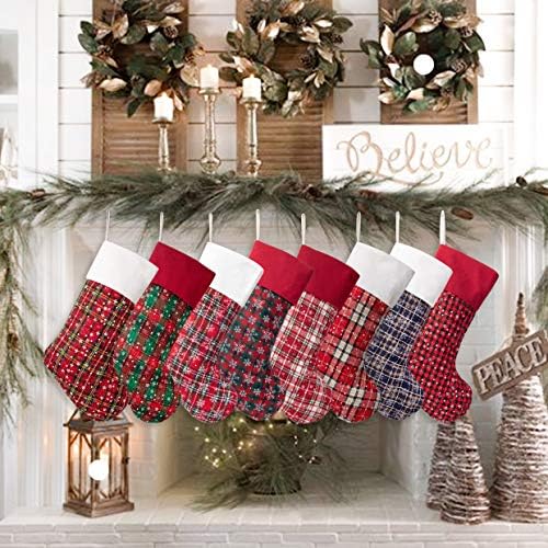 LUBOT 6 Pack Christmas Stocking(20inch) Plaid Snowflake Canvas Fireplace Hanging Xmas Stockings for Family Decorations Holiday Party Decor - Image 4