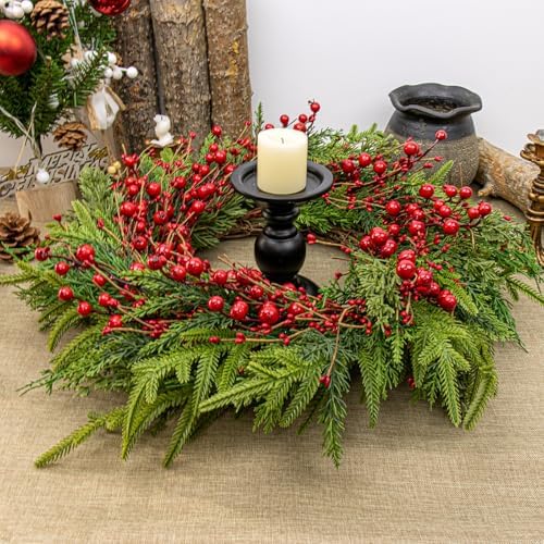 20 Inches Classic Christmas Wreath Rustic Christmas Wreaths for Front Door Xmas Winter Wreath with Green Norfolk Pine Needle Red Berry for Door Window Porch Wall Indoors Outside - Image 4
