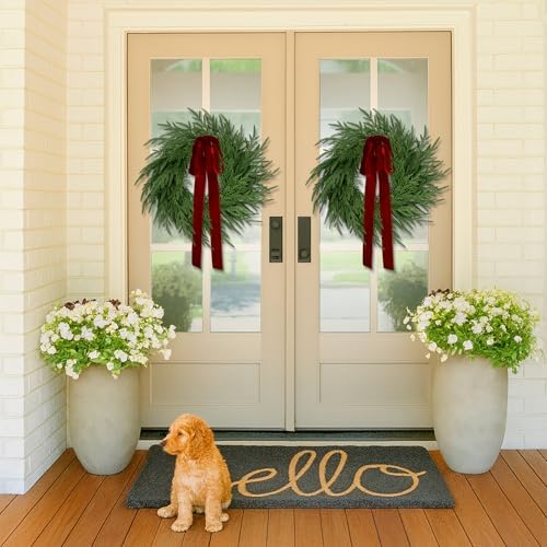 ENVEN Artificial Norfolk Pine & Cedar Christmas Wreath with Velvet Bow – Real Touch Faux Greenery Holiday Front Door Decoration for Indoor Outdoor Use - Image 6