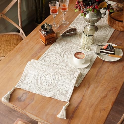 Table Runner Embroidered Farmhouse Dresser Scarf, Beige 14"x75" - Image 2
