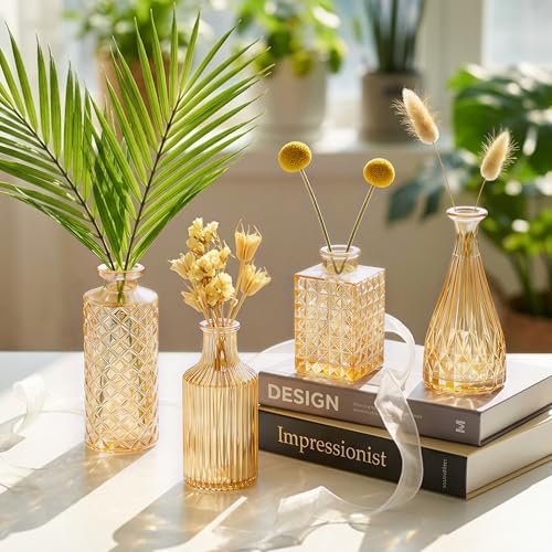 12 Pcs Clear Bud Vases Set, Small Vintage Glass Clear Bud Flower Vases Bulk Multiple Shape Cute Mini Glass Bottles Vases for Rustic Wedding Centerpieces Table Decorations and Home Decor (12, Gold) - Image 3