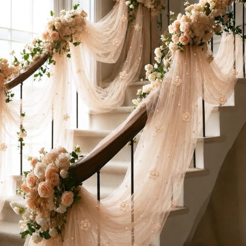 6 Pcs 29x120'' Pearl Tulle Table Runner 10ft Wedding Tablecloth, Gold - Image 3