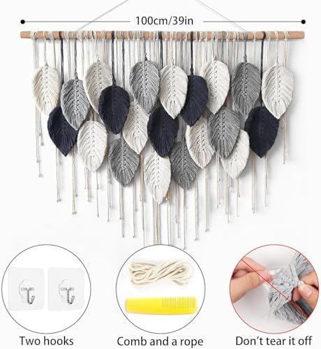 Weldomcor Macrame Wall Hanging Leaf Woven Tapestry Bohemian Chic Wall Hanging Feather Large Handmade Wall Art Decor for Bedroom Living Room Apartment Ornament, 39 inch - Image 3