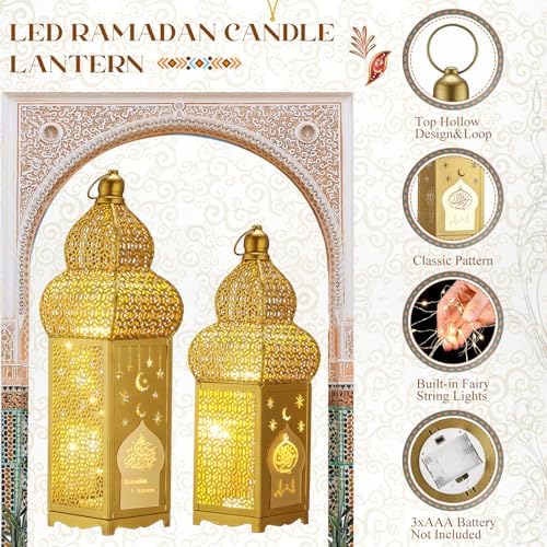 Honoson Eid Ramadan Lantern Large Golden Temple Moroccan Lantern Lamp Ramadan Decorations for Home, Hanging, Outdoor Patio or Indoor Home Decor, Gold, with LED String Lights(Elegant) - Image 5