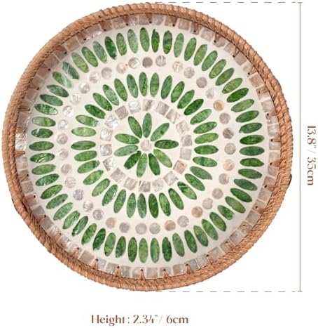 YANGQIHOME Round Serving Tray with Decorative Mother of Pearl Inlay, Wicker Tray for Home Decor, Table Decor, Gifts, Dining, Woven Tray for Food, Fruit, Coffee, 13.8 inch - Image 7