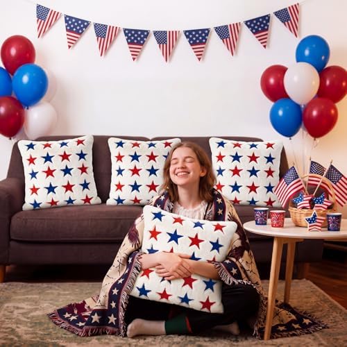 Tiamon 4 Pcs Patriotic 4th of July Throw Pillow Covers 18 x 18 Inch USA Flag American Plush 3D Embroidered Pillow Cases Red White Blue Stars Cushion Covers for Independence Day Decor Sofa Bed Home - Image 5
