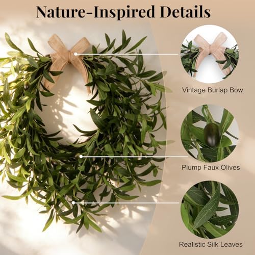 Artificial Olive Wreath for Front Door - 22 Inch Faux Greenery Wreath with Burlap Bow & Olives - Modern Farmhouse Wall Decor, Year Round Spring Summer Wreath for Indoor Outdoor Wedding Entryway - Image 4