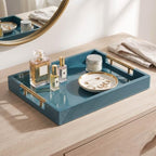 Decorative Serving Tray, Modern Rectangle Wood Tray with Polished Metal Handles, Glossy Finish, 16.5x12 Inch, for Coffee Table, Ottoman (Teal) - Image 6