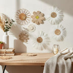 Chunful 7 Pcs Boho Wall Basket Decor Rattan Flower, Milky White - Image 6