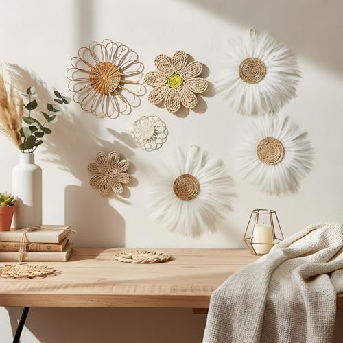 Chunful 7 Pcs Boho Wall Basket Decor Rattan Flower, Milky White - Image 6