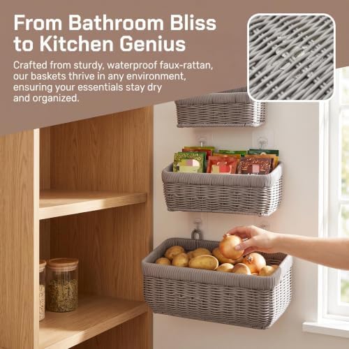 Wall Baskets, Hanging Wicker Baskets for Kitchen Bathroom Garage Porch Door Decor and Organizing (Gray, S+M+L) - Image 4