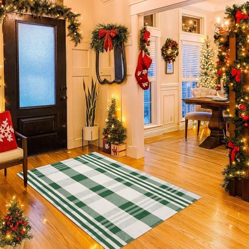 Christmas Green & White Check Rug - 4' x 6' Outdoor Front Door Decor Mat Cotton Washable Hand-Woven Rug Christmas New Year Holiday Porch Entryway Layered Doormat - Image 6