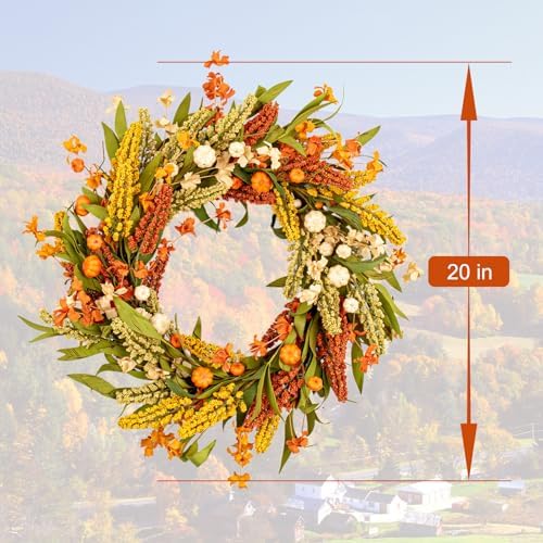 JINGHONG Artificial Fall Wreath 20 Inch Fall Wreaths for Front Door Orange Autumn Wreath with Pumpkins Grain Ears Foliage for Harvest Thanksgiving Day Wall Porch Farmhouse - Image 6