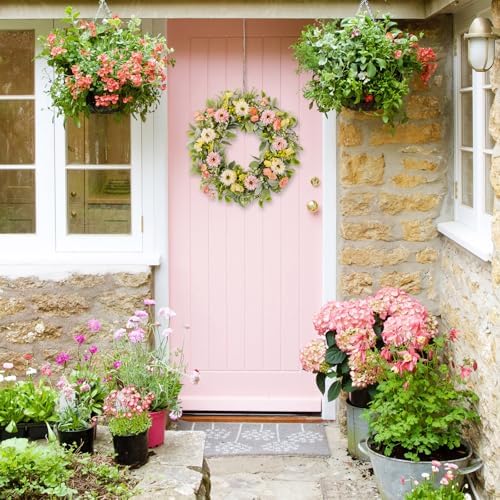 20 Inch Spring Wreaths for Front Door, Artificial Pink Gerbera Daisy & Yellow Rose Floral Wreath with Lamb's Ear Leaves & Greenery, Farmhouse Summer Wreath for Wall Window Porch Home Decor - Image 2