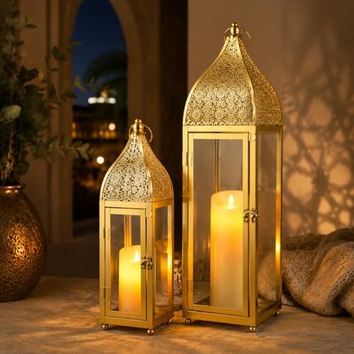 TRIROCKS 2-Pack Moroccan Candle Lanterns 22'' H Metal Candle Holder with Tempered Glass for Wedding Patio Farmhouse Ramadan Christmas Home Decor (Gold) - Image 2