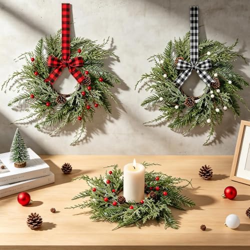 6 Pcs Mini Christmas Wreaths for Kitchen Cabinet Front Door with Ribbon Bow - Image 2