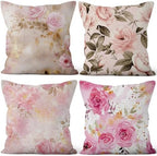 Pink Floral Pillow Covers 24''x24'' Set of 4, Vintage Flowers Cushion Covers Spring Watercolor Printed Botanical Pillowcases for Couch Sofa Bedroom Farmhouse Garden Patio Car Decoration by VieSavaran