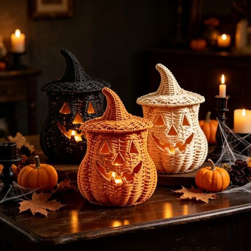TREBIN 11'' Wicker Pumpkin Lantern Halloween Decor, Handwoven Rattan Halloween Candy Basket Jack O Lantern Candle Holder, Rustic Witch Hat Pumpkin Decoration for Tabletop Porch Mantel (Single-Saffron) - Image 4