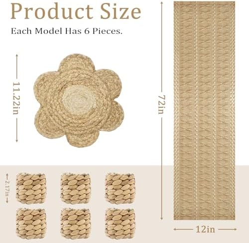 Burlap Placemats Set of 6 with Burlap Table Runner and Rattan Napkin Rings, Made of Natural Cotton and Corn Husk, Non-Slip Heat-Resistant Boho Fall Placemats Table Décorfor Dining Table Décor - Image 2