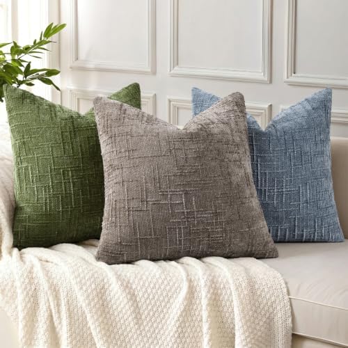 decorUhome Textured Chenille Throw Pillow Covers 22x22 Set of 2 Grey Blue - Image 2