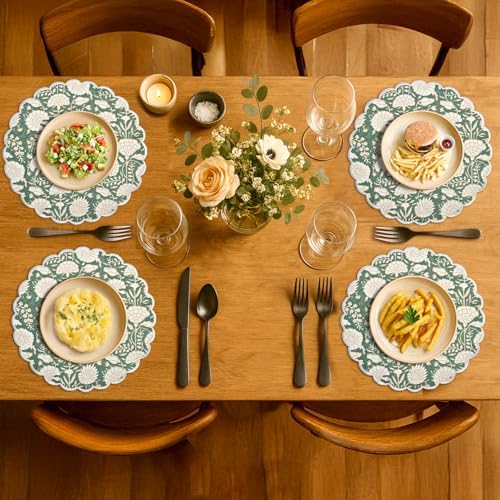 Ridhi Floral Block Print Round Placemats 15" in, Set of 4, Moss Green - Image 3