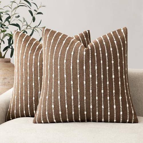 Foindtower Decorative Striped Boucle Throw Pillow Covers 24x24 Inch Brown by Foindtower