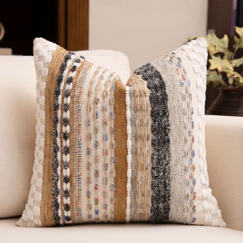 Boho Chenille Tufted Throw Pillow Covers 18x18 Inch Set of 2 Farmhouse Brown Woven Striped Decorative Pillowcases for Couch Sofa Bed - Image 4