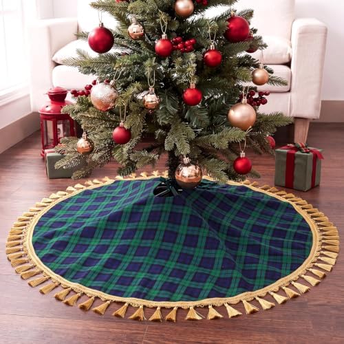 Blueweenly Christmas Tree Skirt, 48 Inch, Green and Blue Plaid - Image 3