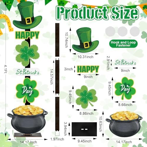 Lawnldyll 4.3FT St. Patrick’s Day Wooden Porch Sign, Shamrock Leprechaun Hat Standing Decor with base, Irish-Themed Pot of Gold Welcome Sign for Front Door Yard Home Party Festival Holiday Decoration - Image 3
