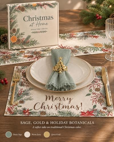 19-Piece Christmas Table Decor Set with Runner, Placemats & Napkin Rings - Image 4