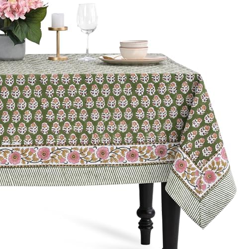 CPC Tablecloth 100% Cotton 72x140 Inch Indian Block Print Easter Rectangle Table Cover, Table Cloth for Weddings, Parties- Jade Green 12-Seater by COTTONPRINTCLUB