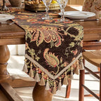 Floral Embroidered Table Runner 90 Inches Non-Slip Tassels, Dark Brown by keemir