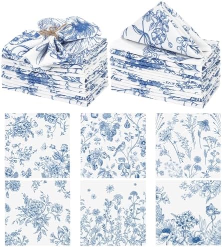 Kochorie 24 Pieces Blue Floral Cloth Napkins, 18 x 18 Inch Reusable Soft Fabric Napkins, Washable Flower Dinner Cocktail Napkin for Spring Summer Tea Party Holiday Home Kitchen Wedding Restaurant by Kochorie