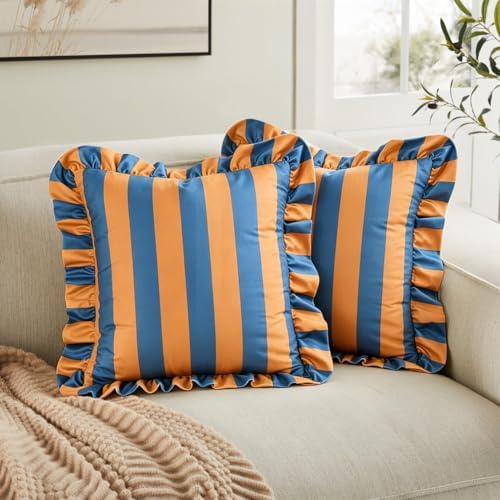 vctops Ruffle Square Throw Pillow Covers Boho Pink and Red Striped Decorative Pillowcases Set of 2, Soft Velvet Accent Cushion Cover Cases for Sofa Bed Living Room Decor (Yellow Blue,18"x18") - Image 2