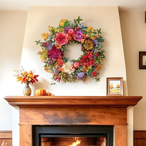 Fall Wreaths for Front Door 24 Inch Autumn Wreath Rustic Thanksgiving Decor - Image 4