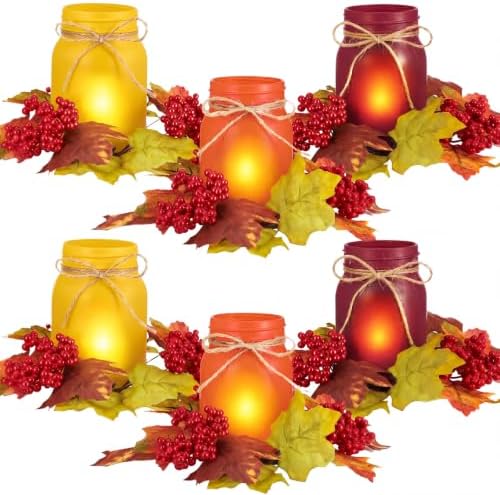 6 Thanksgiving Mason Jar Centerpieces for Tables with Fall Maple Leaf Rings by Singhoow