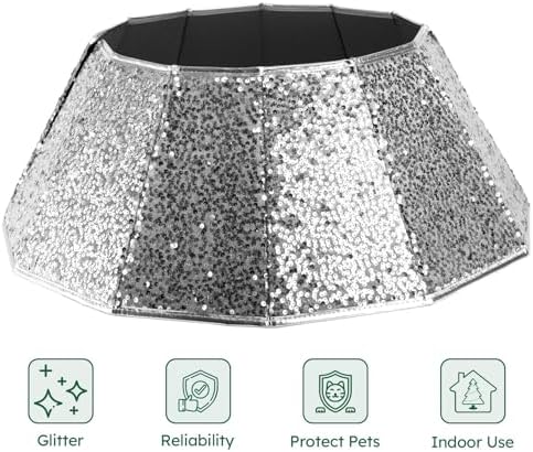 HarcoHome Dazzling Christmas Tree Collar - 26" Sequined Stand Base Cover, Foldable Ring & Handmade Skirt for Xmas Tree Decoration (Silver, Diamond) - Image 2