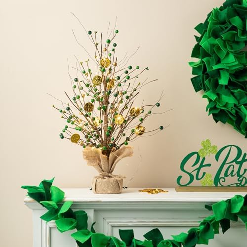 Glitzhome Lighted St Patrick's Shamrock and Berry Blossom Table Tree 18”H Green Berries Tree Table Centerpiece for St Patrick's Day Holiday Decoration Home Decor Artificial Plants by Glitzhome