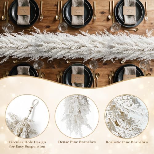 9FT White Christmas Cedar Garland, Realistic Artificial Garland, Winter Snowy Xmas Decorations Indoor Outdoor, Faux Holiday Garland for Mantle, Fireplace, Table, Door, Wedding Party Decor - Image 3